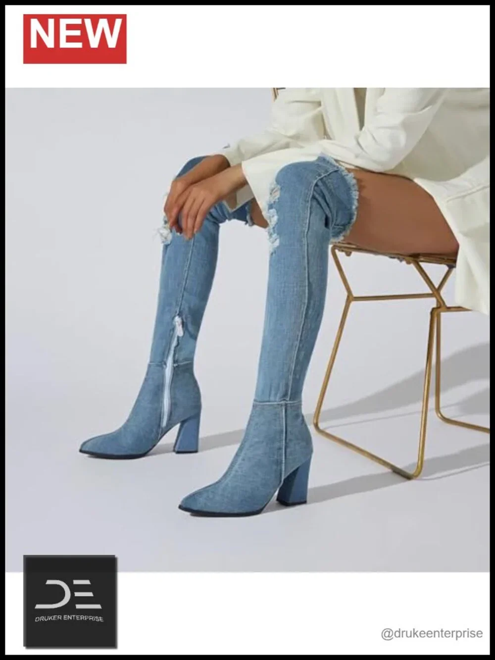 Women's Denim Over the Knee Boots, 8.5cm Block Heel, Cutout Pointed Toe, Side